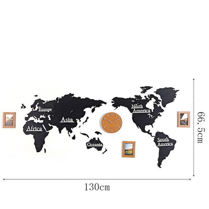 Väggklocka världskarta i trä med fotoramar