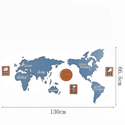 Väggklocka världskarta i trä med fotoramar
