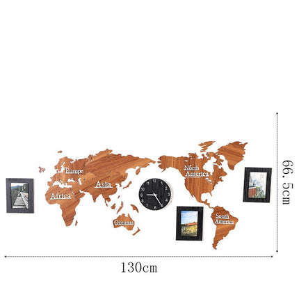 Väggklocka världskarta i trä med fotoramar