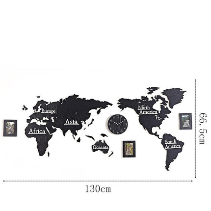 Väggklocka världskarta i trä med fotoramar