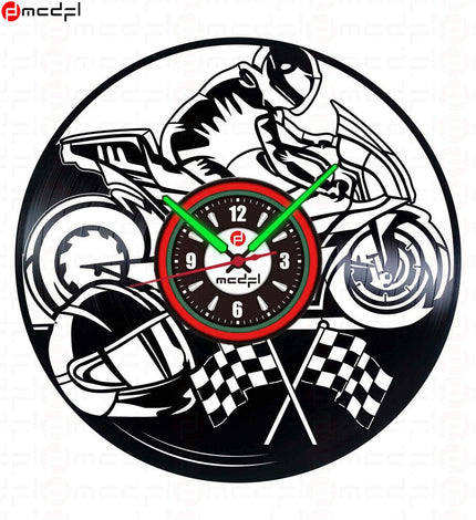 Väggklocka vinylskiva motorcykel röd grön