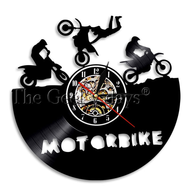 Väggklocka av vinylskiva med motorcykel