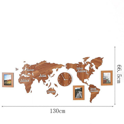Väggklocka världskarta i trä med fotoramar