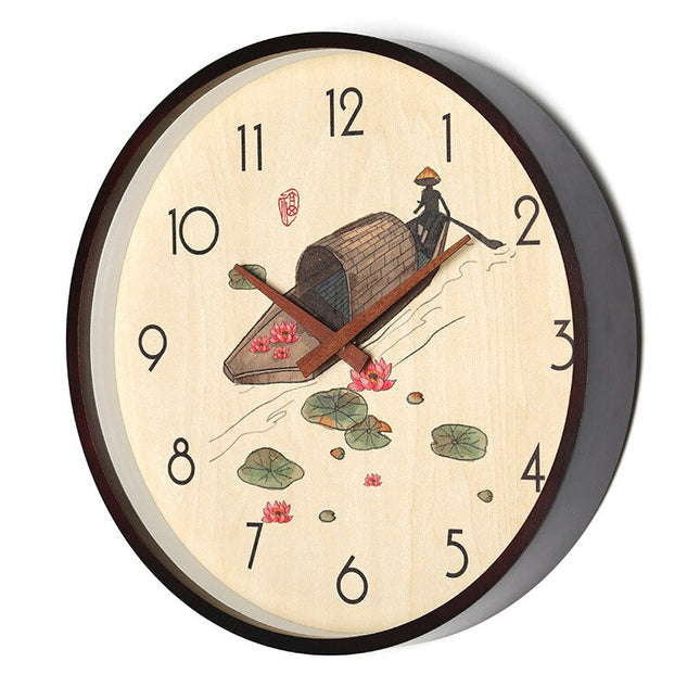 Väggklocka i trä med bambu motiv