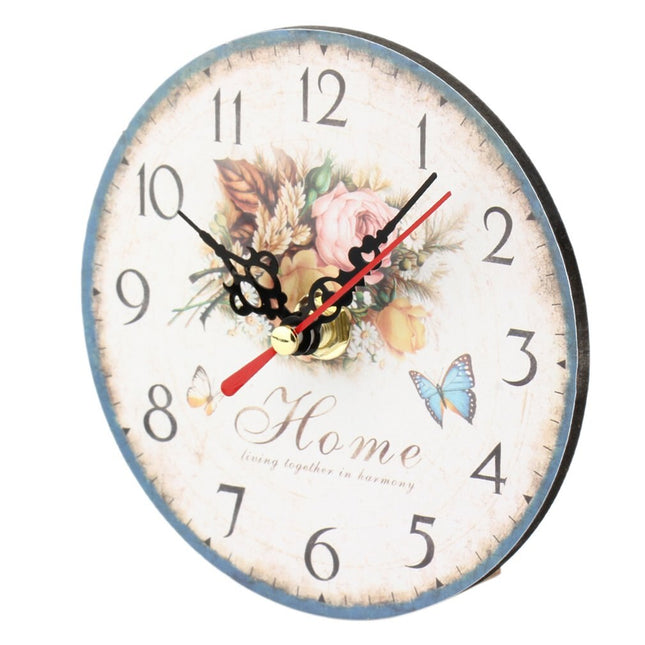 Vintage väggklocka i trä med blommor