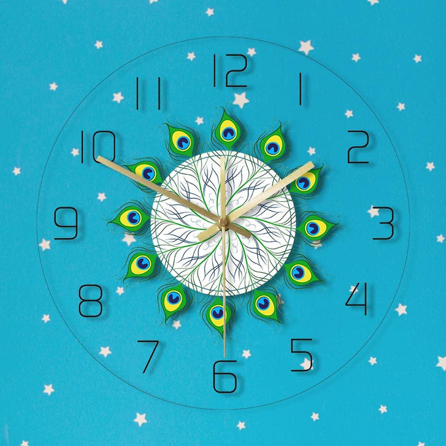 Elegant LED väggklocka med påfågelfjädrar