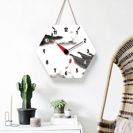 Hexagonal väggklocka med asiatisk design