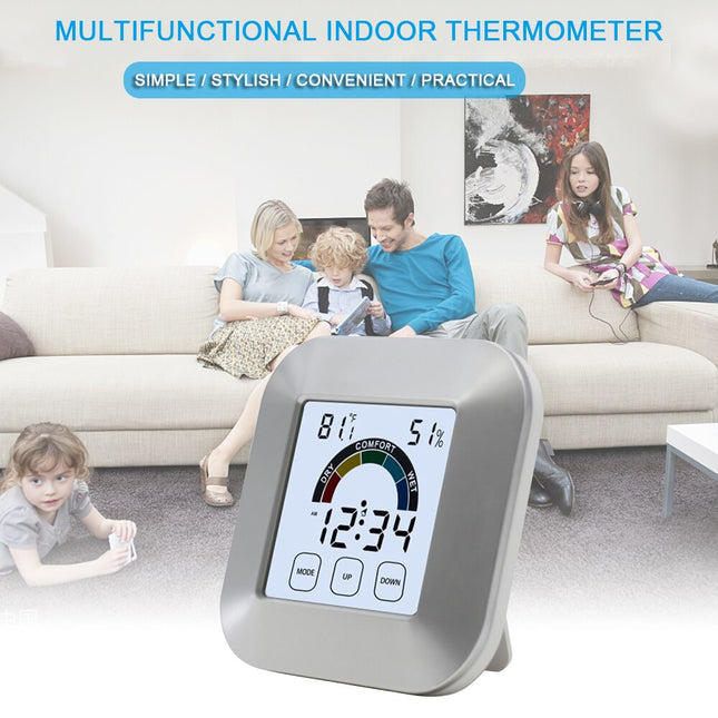 Digital bordsklocka med fuktighetsmätare