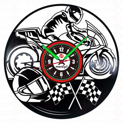 Väggklocka vinylskiva motorcykel röd grön