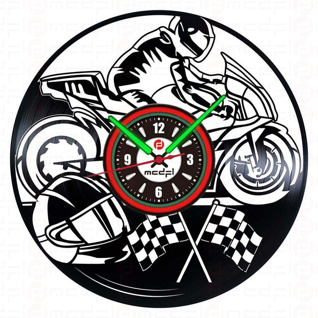 Väggklocka vinylskiva motorcykel röd grön