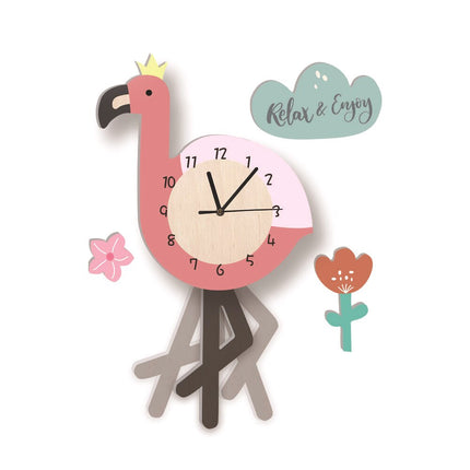 Väggklocka för barn med flamingo motiv