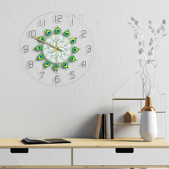 Elegant LED väggklocka med påfågelfjädrar