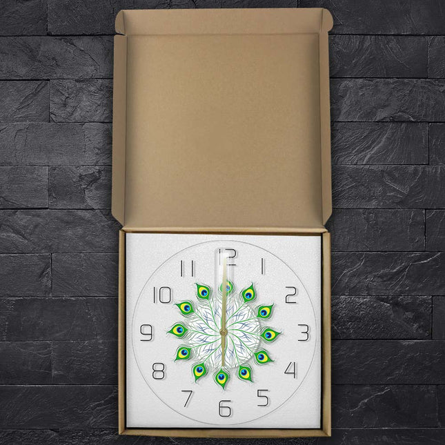 Elegant LED väggklocka med påfågelfjädrar