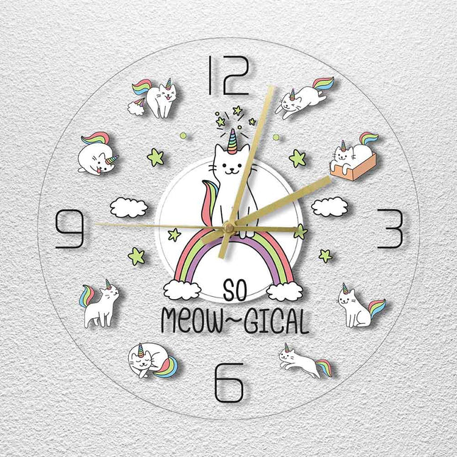 Gullig LED väggklocka med katt-enhörning