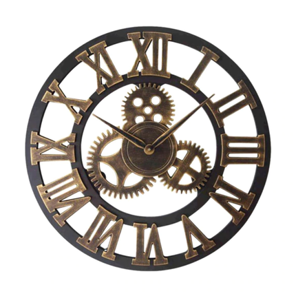 Bronsfärgad industriell väggklocka med kugghjul