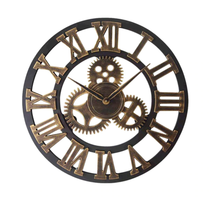 Bronsfärgad industriell väggklocka med kugghjul