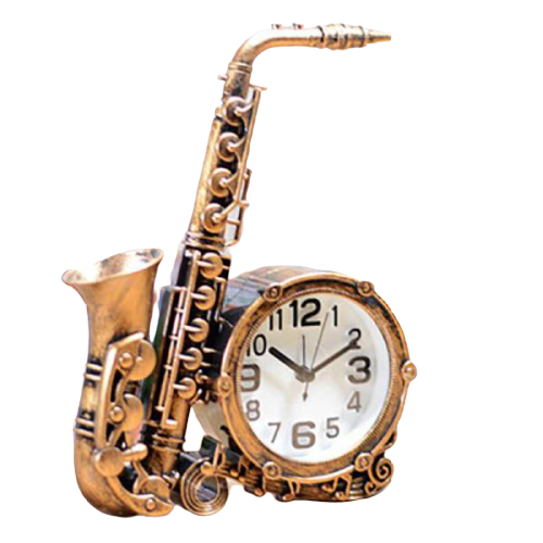 Bordsklocka i metall formad som saxofon