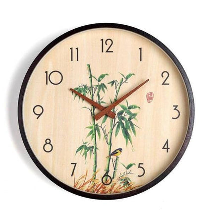 Väggklocka i trä med bambu motiv