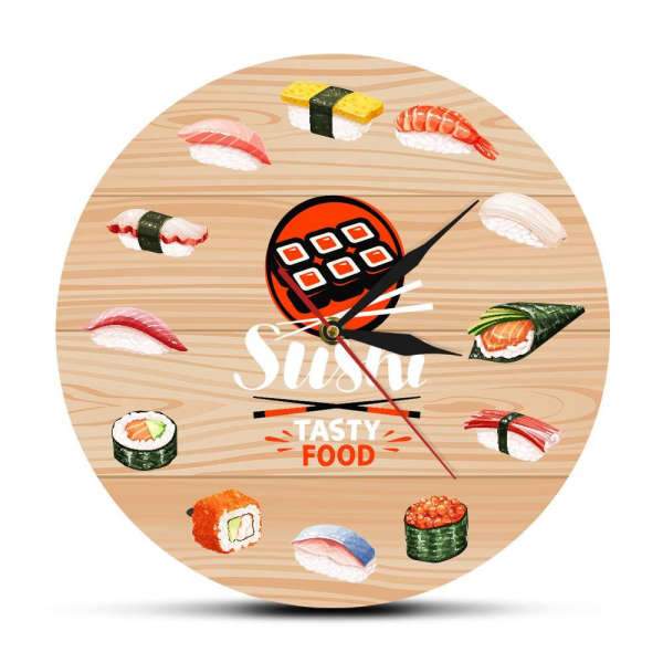 Väggklocka i trä med sushi-motiv