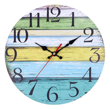 Färgglad väggklocka i träplank stil