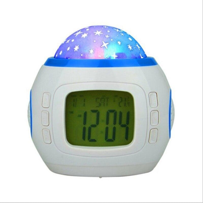 Projektorklocka som visar stjärnor i taket